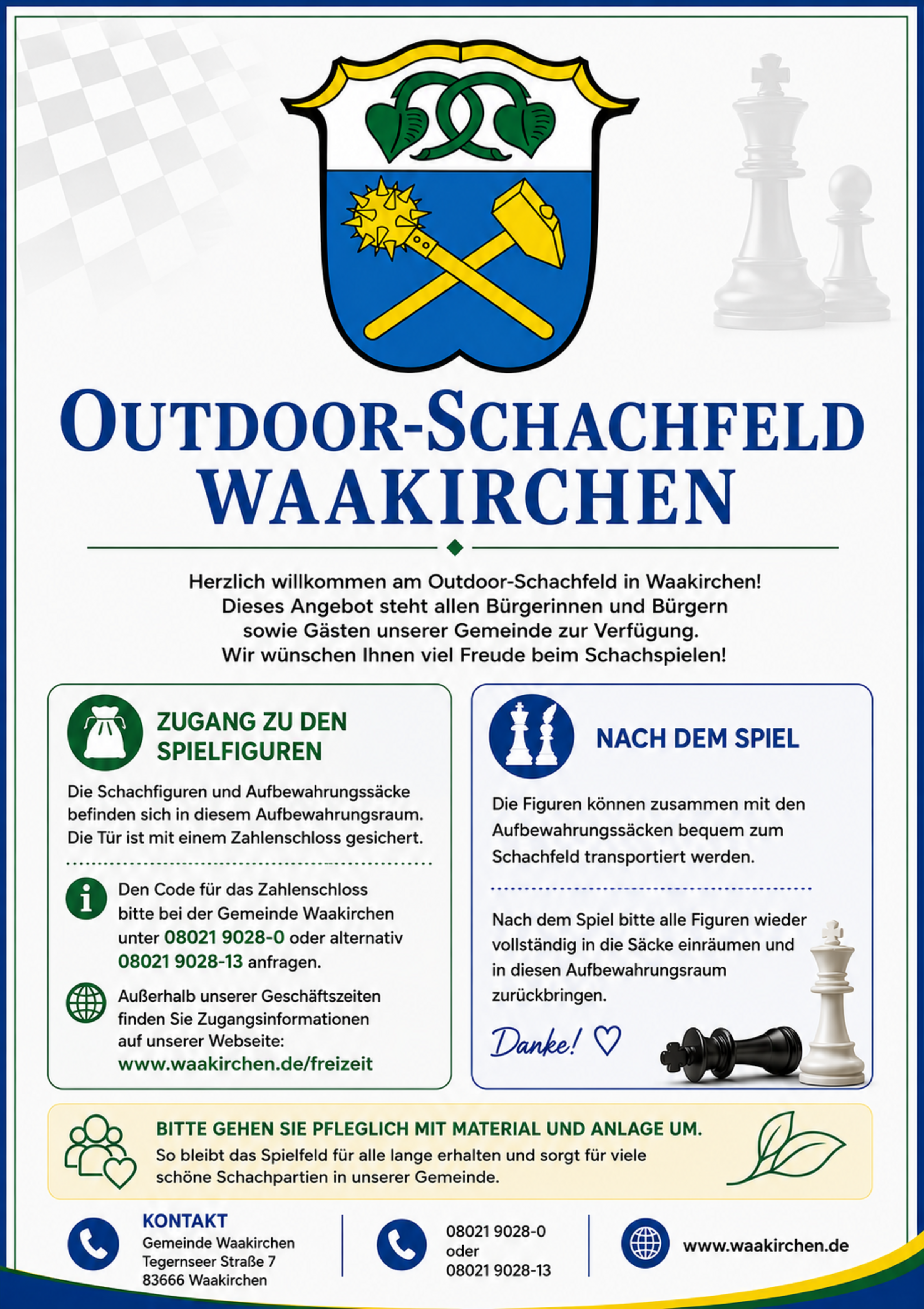 Herzlich Willkommen am Outdoor-Schachfeld in Waakirchen! Dieses Angebot steht allen Bürgerinnen und Bürgern sowie Gästen unserer Gemeinde zur Verfügung. Wir wünschen Ihnen viel Freude beim Schachspielen! 
